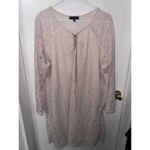 Bluet Women cream Lace Long Sleeve Shift Dress 2X Lace Up Neck Boho 1318-K267RX